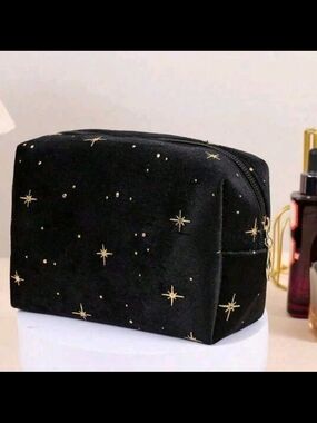Black Velvet Star Embroidered Cosmetic Bag
